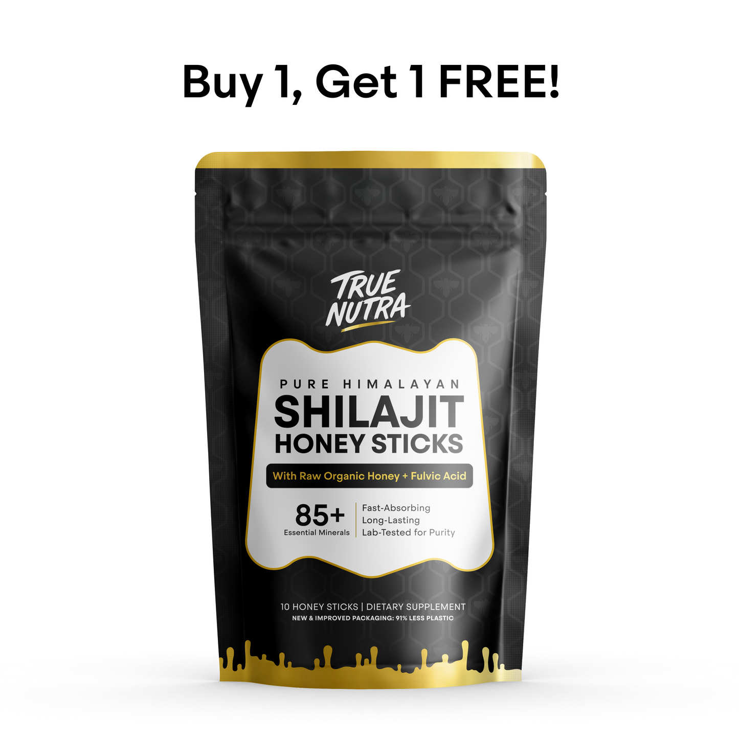 True Nutra Pure Himalayan Shilajit Honey Sticks with Raw Organic Honey and Fulvic Acid 85+ Essential Minerals Fast Absorbing Long Lasting 10 Sticks